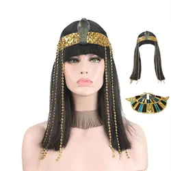 Cleopatra Egyptian Queen Wig and Beads Fringe Snake Headband Straight Hair Wig Egypt Neck Collar Halloween Cosplay Accessories
