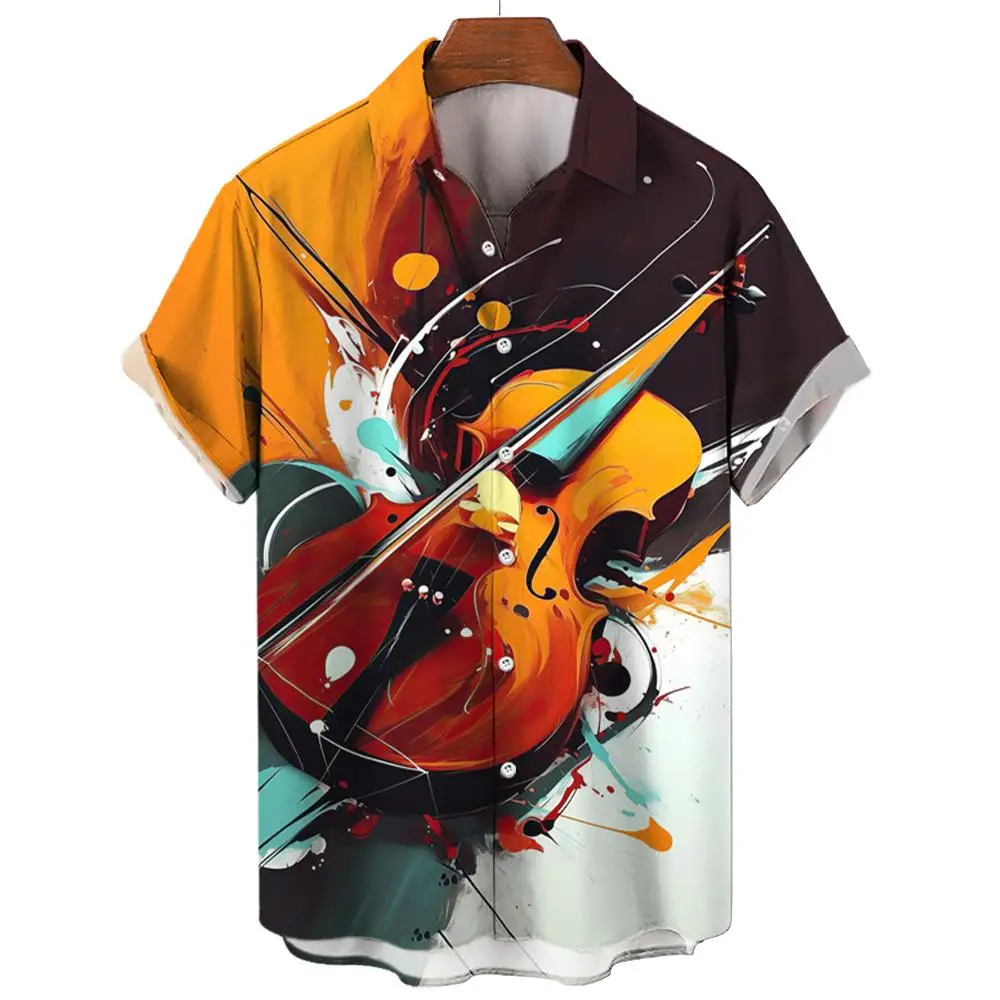 Summer Hawaiian Shirts For Men Music Guitar Printed Tops Clothing Fashion Casual Oversized Collar Rock And Roll Blouses