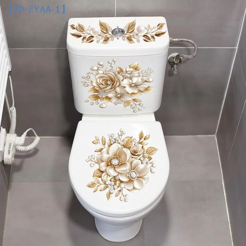 【ZYAA-1】Luxury Gold Pearl Floral Toilet Sticker Waterproof Self-Adhesive Bathroom Decor Sticker Wall Stickers Decor Stickers