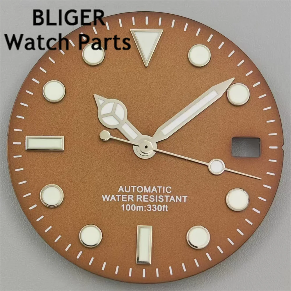 BLIGER 29mm Brown Coffee Watch Dial With Silver Rose Gold Edge Time Marks Green Luminous For NH35 NH36 Movement Date Window