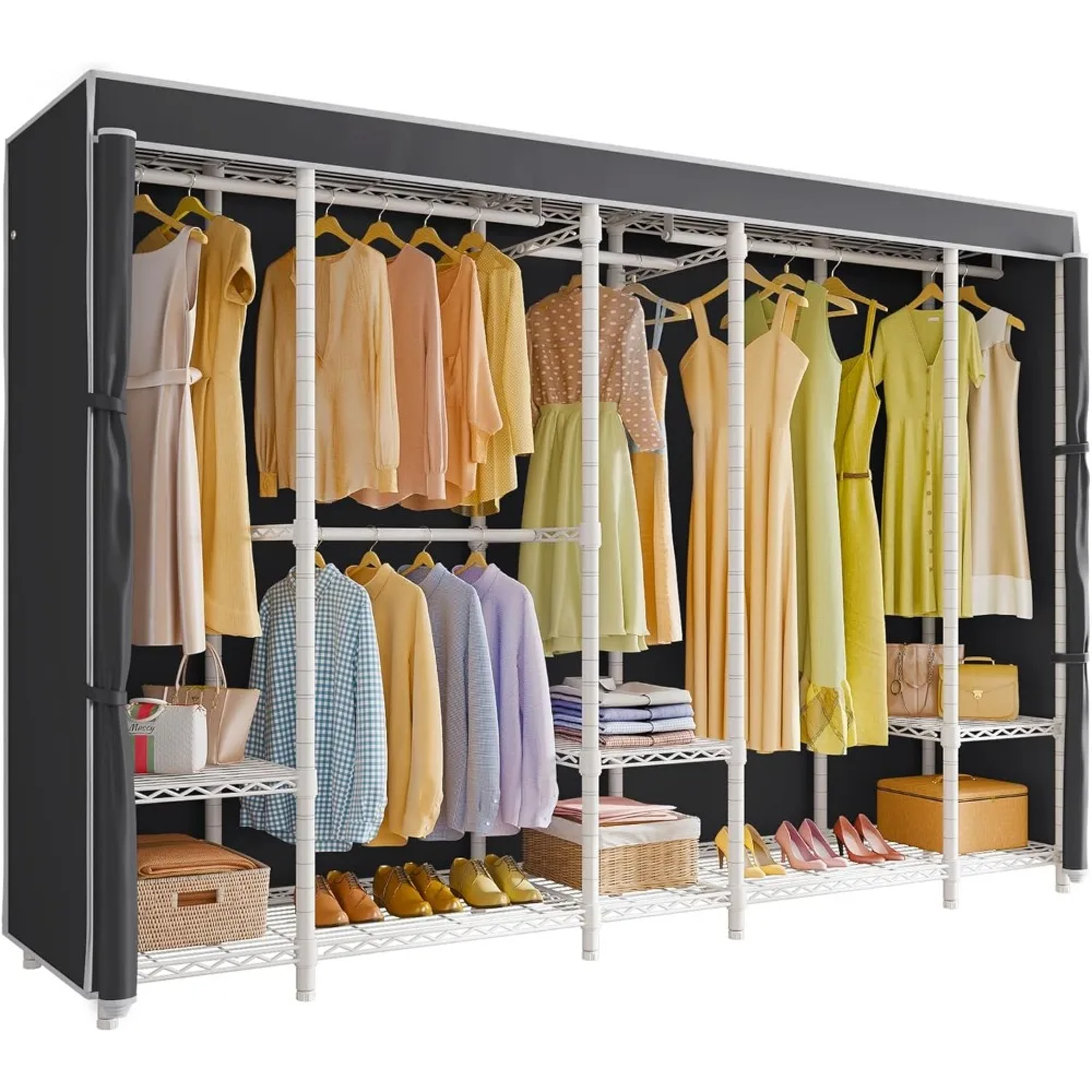 V50C White Portable Closet Rack with Black Cover, Large Freestanding Wardrobe Closet Heavy Duty Clothes Rack Sturdy Clothing Ra