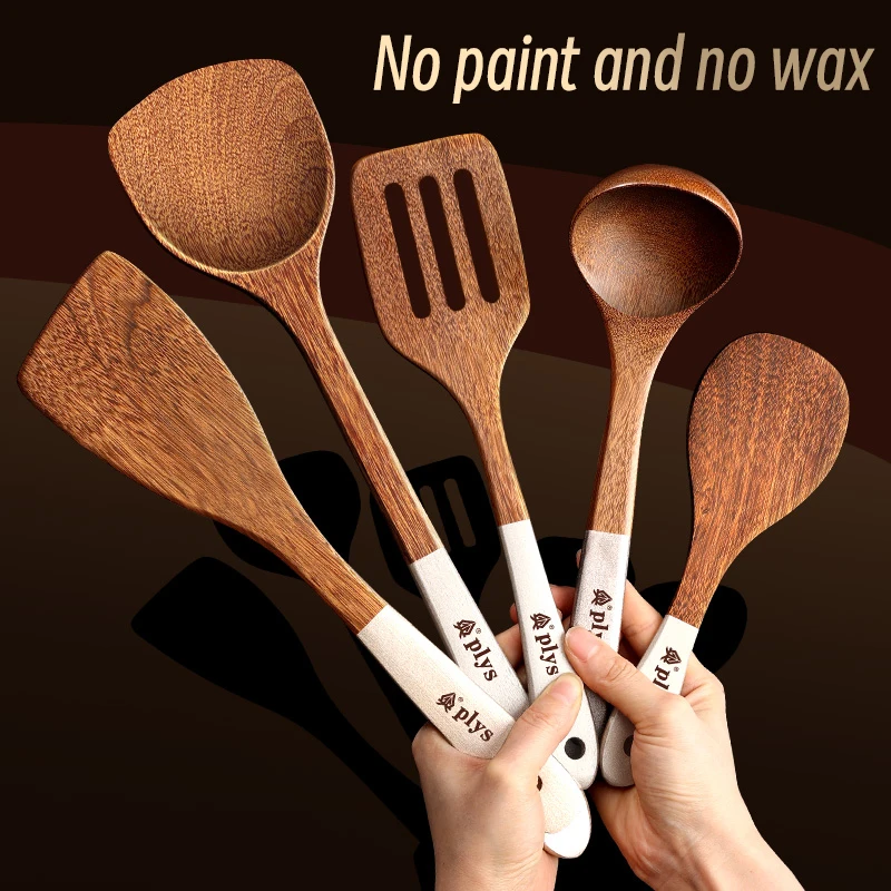5PCS Silver Handle Wood Kitchen Utensil Set Spatula Ladle Rice Spoon Slotted Turner Angled Healthy Heat-Resistant Easy to Clean