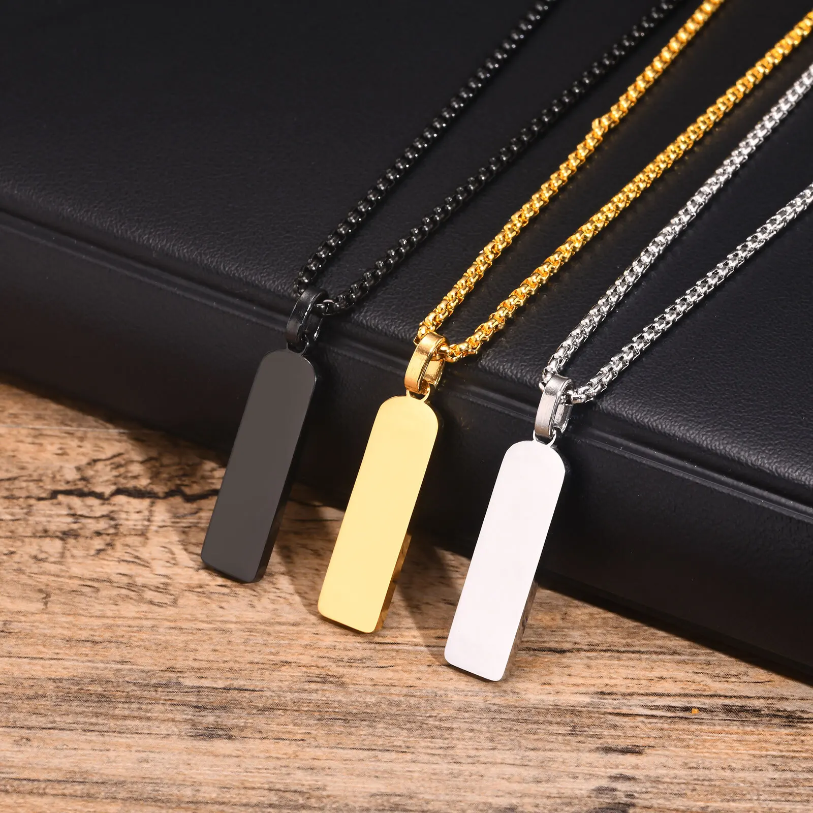 Vnox Free Custom Name Bar Necklaces for Men Women, Initial Date Engraved Stainless Steel Pendant, Unisex Geometric Collar Gift