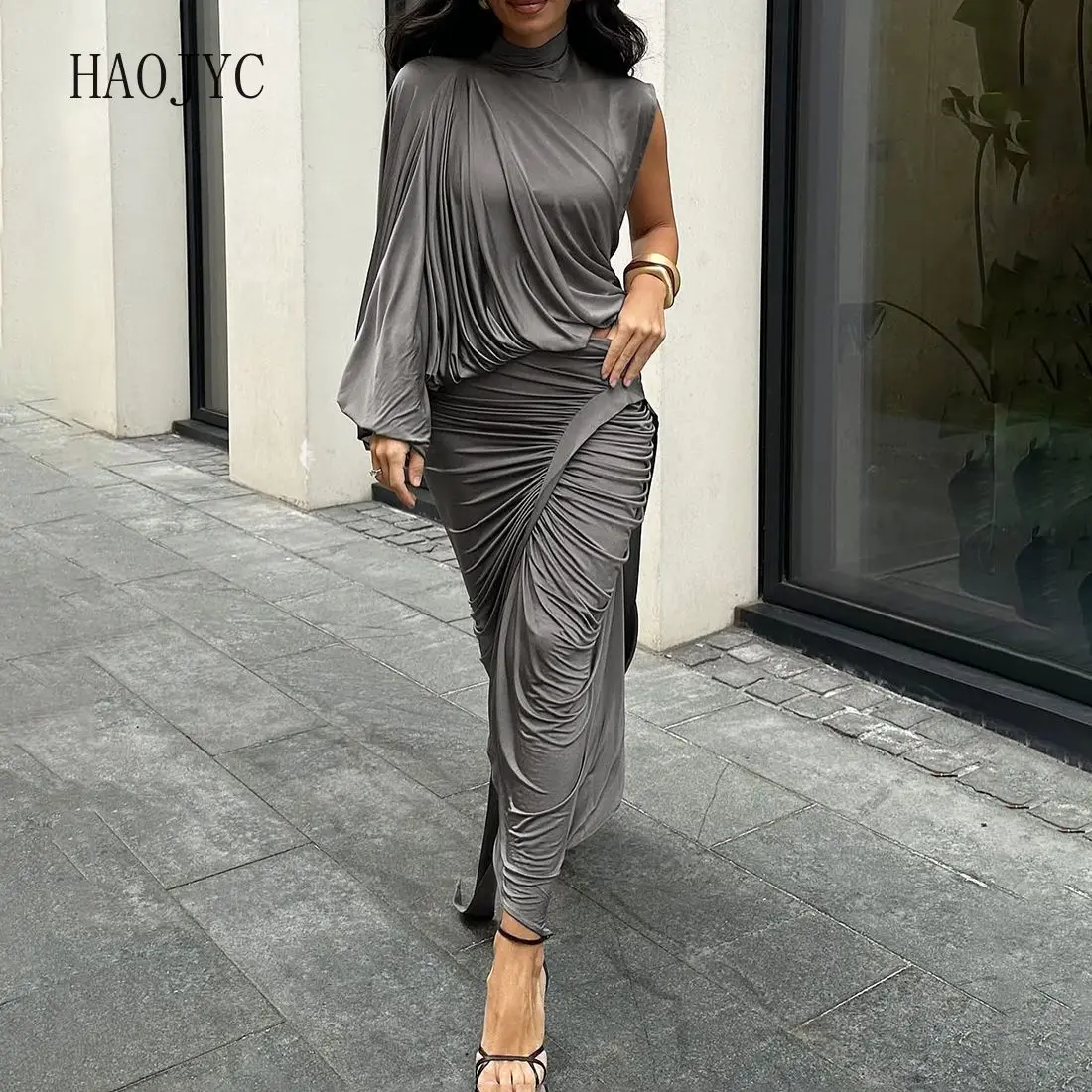 

American high street baroque pleated semi-turtleneck sling vest women, high waist skirt suit