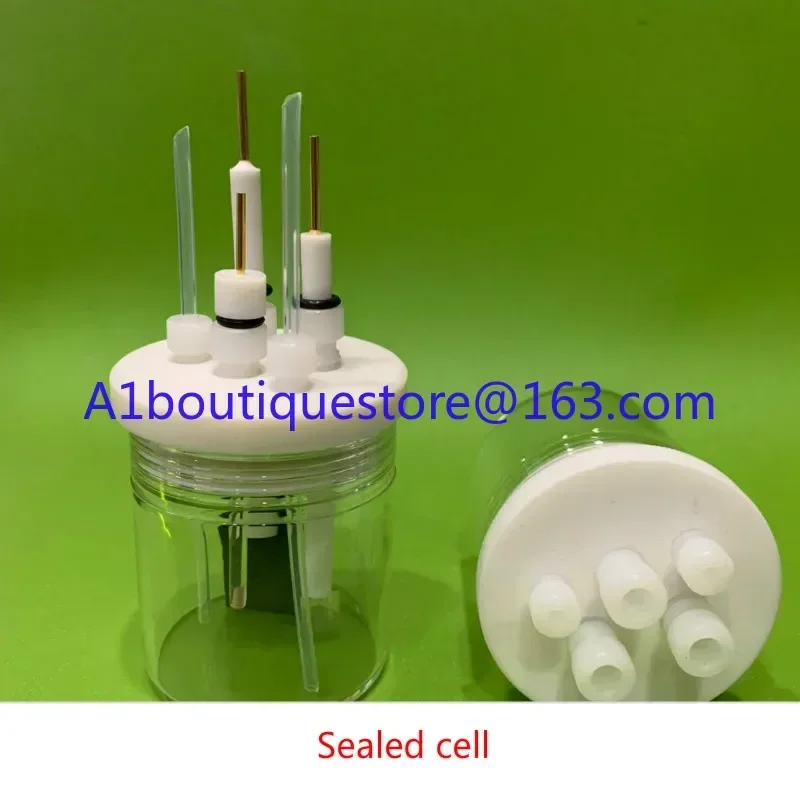 Electrolytic cell. C001 sealed cell. Straight five port sealed electrolyzer. Three electrode electrochemical cell.