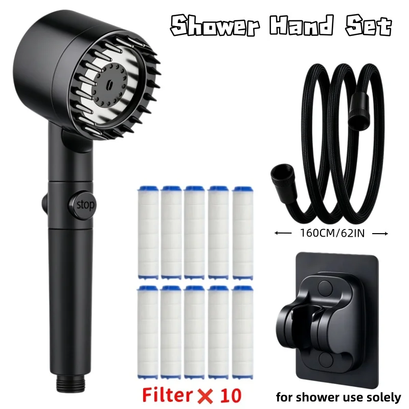 Black/Purple Medium High Shower Head Set,3‑Mode One‑Key Water Stop,62in (160cm) Braided Hose,No‑Drill Bracket,10Pcs Filters