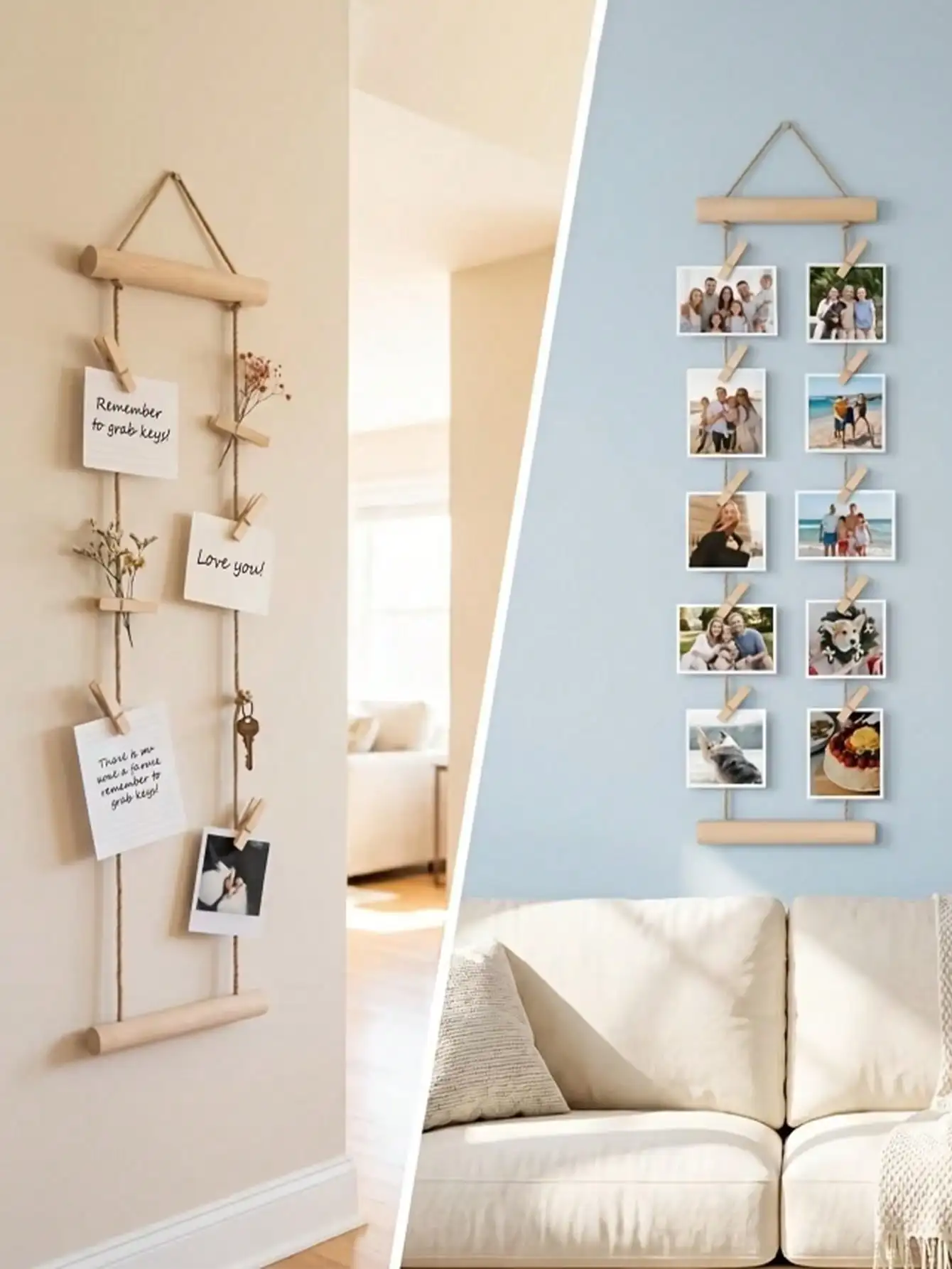 17 Pieces/Set, Wooden Multi-Photo Display Rack with Wooden Clips and Hanging Ropes, No-Drill Installation; Space-Saving, Suitable for Dorms, Bedrooms, Desktops, and Wall Decorations.