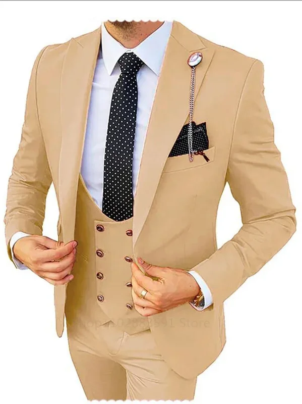 Costume de Mariage Formel 3 Pièces pour Homme, Smoking de Marié Imbibé, Coupe Cintrée, Tenue d'Affaires, Champagne, Zone Me (Blazer + Pantalon + Glasure)