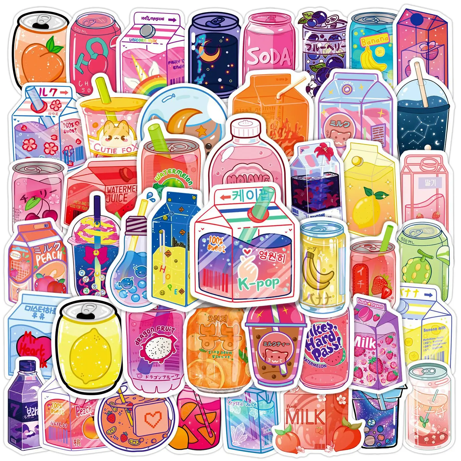 10/30/52pcs Pieces Of Pearl Milk Tea Milk Beverage Cartoon Graffiti Stickers Ins Flavor Trolley Laptop Waterproof Decal Stickers