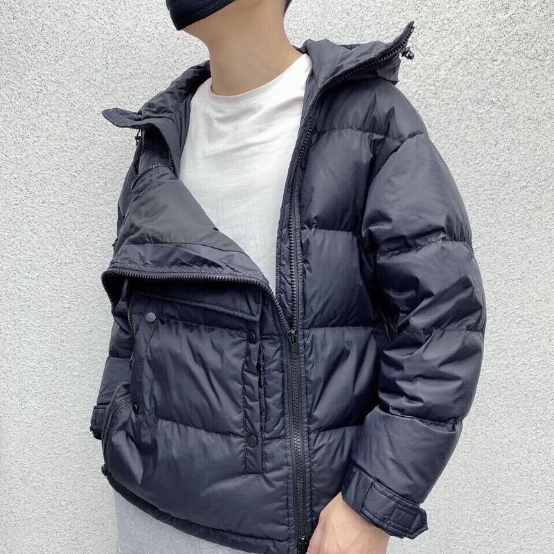 Jaqueta tática com zíper duplo, parkas com capuz, casaco de algodão masculino de inverno, pulôver preto, jaquetas acolchoadas brilhantes, casual, quente, roupa externa