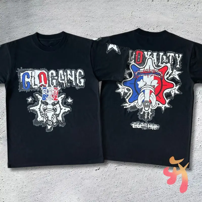 

Men Women High Quality Cotton Top Tees Glo Gang Tshirts Graffiti Lightning Star Print Cartoon Beverage Round Neck Short Sleeve