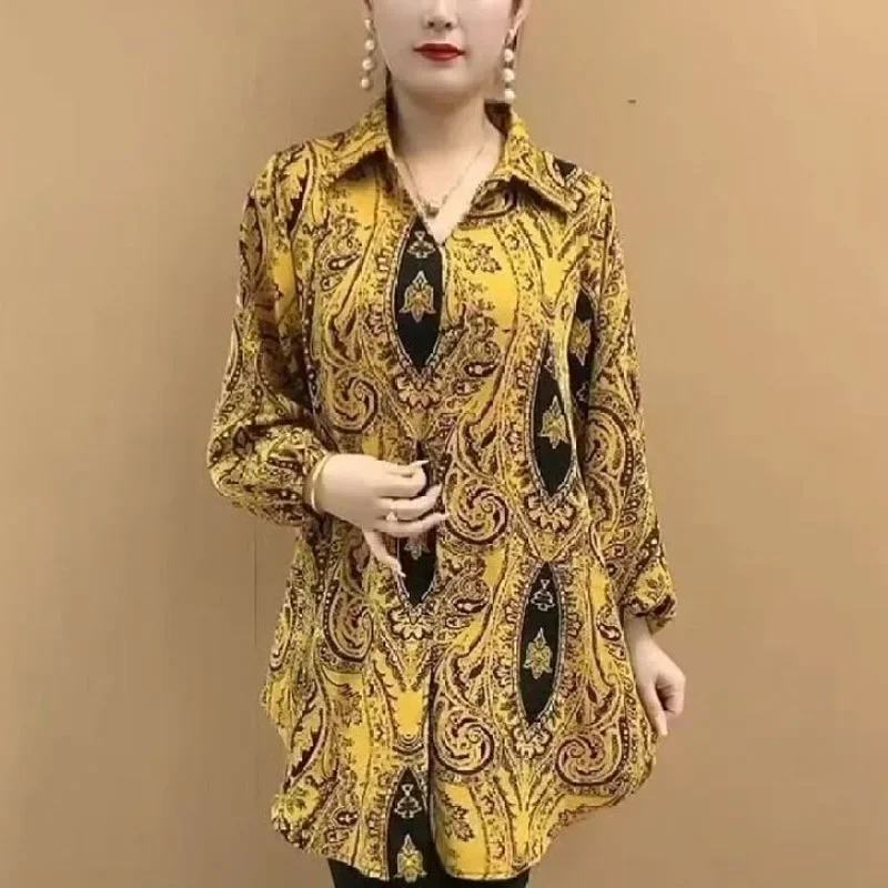 

Korean Blouse New Women's Polo-Neck Single-breasted Printed Spliced Three Quarter Elegant Loose Irregular Shirt Tops JJ60