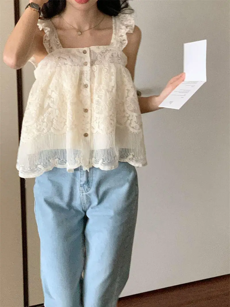 Lace Tanks Women Square Collar Summer Loose Sweet College Simple Basic Casual All-match Tops Korean Style Y2k Clothing Backless