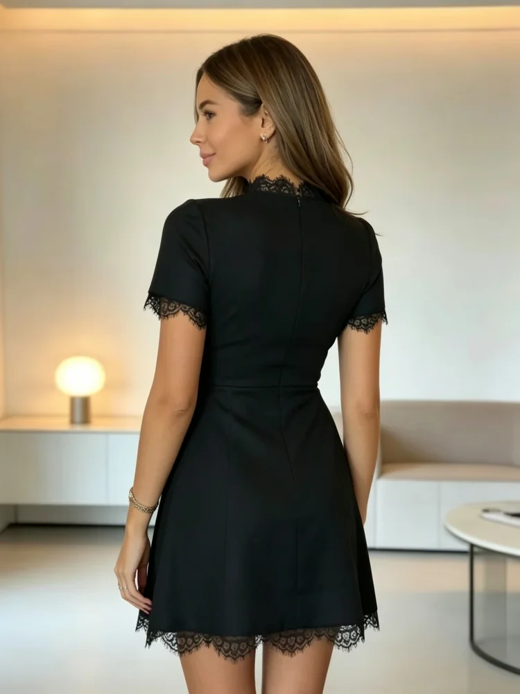 Damen Kurzarm-Spitzen-Minikleid Elegantes O-Ausschnitt-Kleid mit Spitzenbesatz A-Linien-Kleid mit Hoher Taille für Abendpartys Kurze Kleider – Detail 1