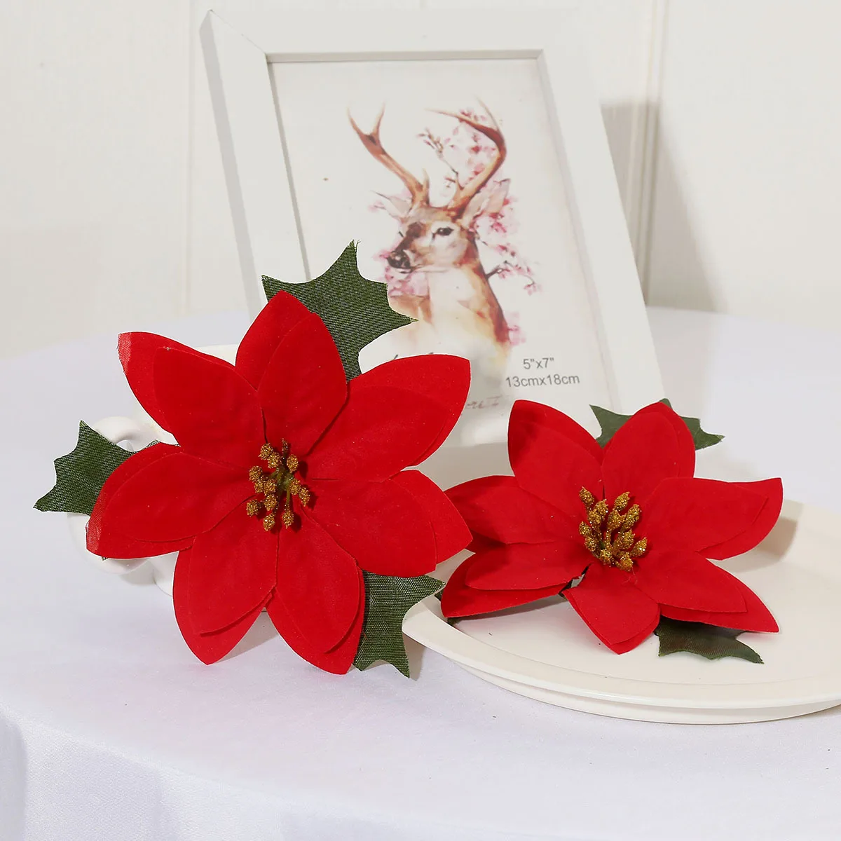 12cm Artificial fake silk poinsettia red flower heads with leaf christmas flowers for diy xmas flower bouquet wall decoration