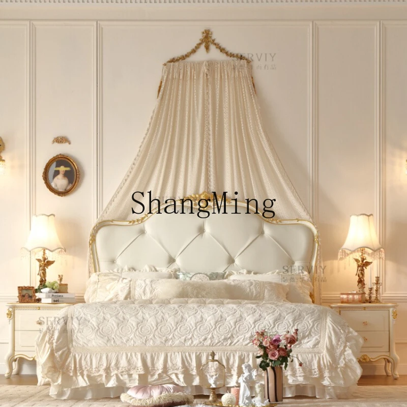 

LXY pastoral retro style leather solid wood bed carved villa large flat master bed