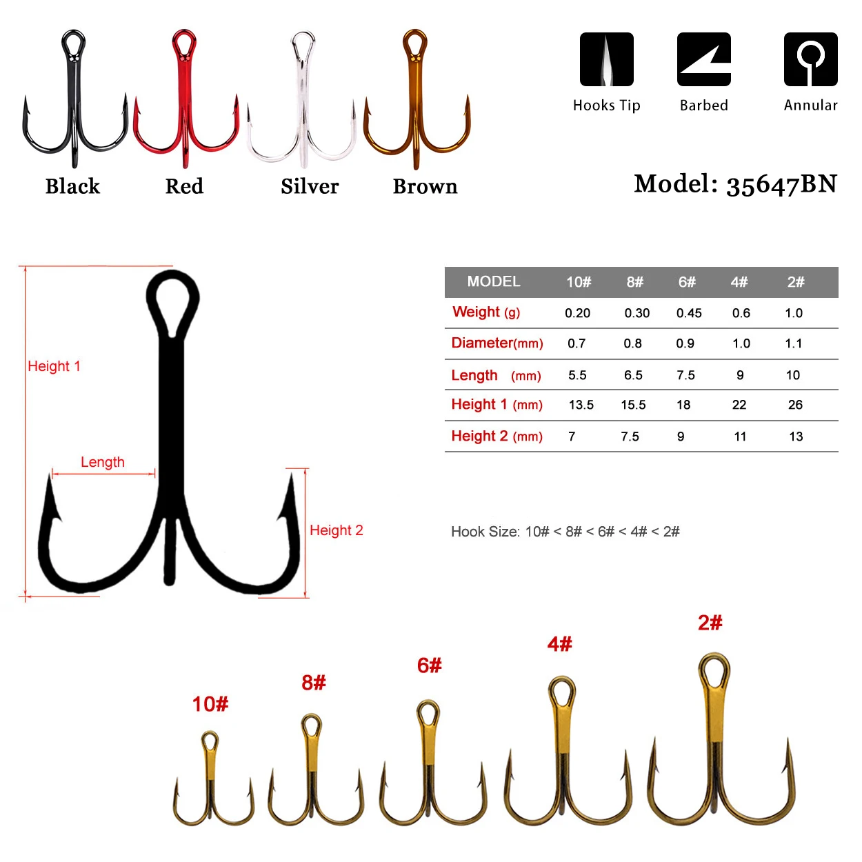 Lot 50pcs Tackle Fishing Hooks 72A High carbon steel Brown Fishhook Barbed Annular Sharpened Tip Hook Saltwater Barbed 10#-2#