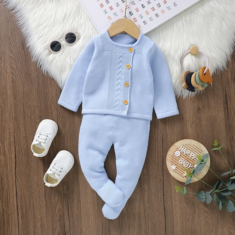 Baby Clothes Set Knit Newborn Girl Boy Long Sleeve Pullover Pants 2PC Fashion Solid Warm Infant Sweater Trousers Leggings Autumn