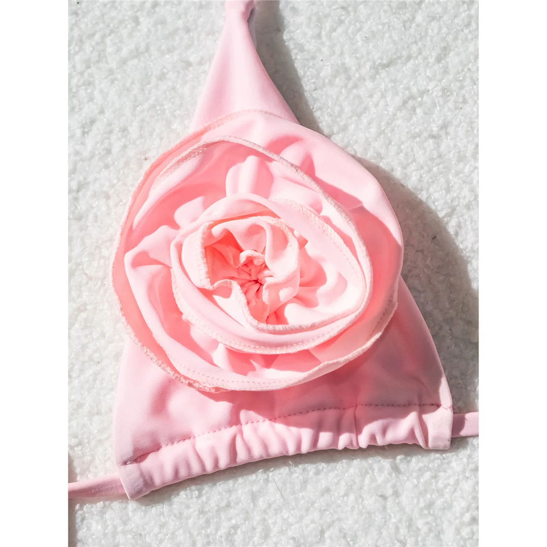 Damen-Bademode, 3D-Blumen, Neckholder, geraffte Träger, Bikini mit Schnürung, zweiteiliger Bikini-Set, Badeanzug, Badebekleidung, Schwimmkleidung V6135 – Detail 11