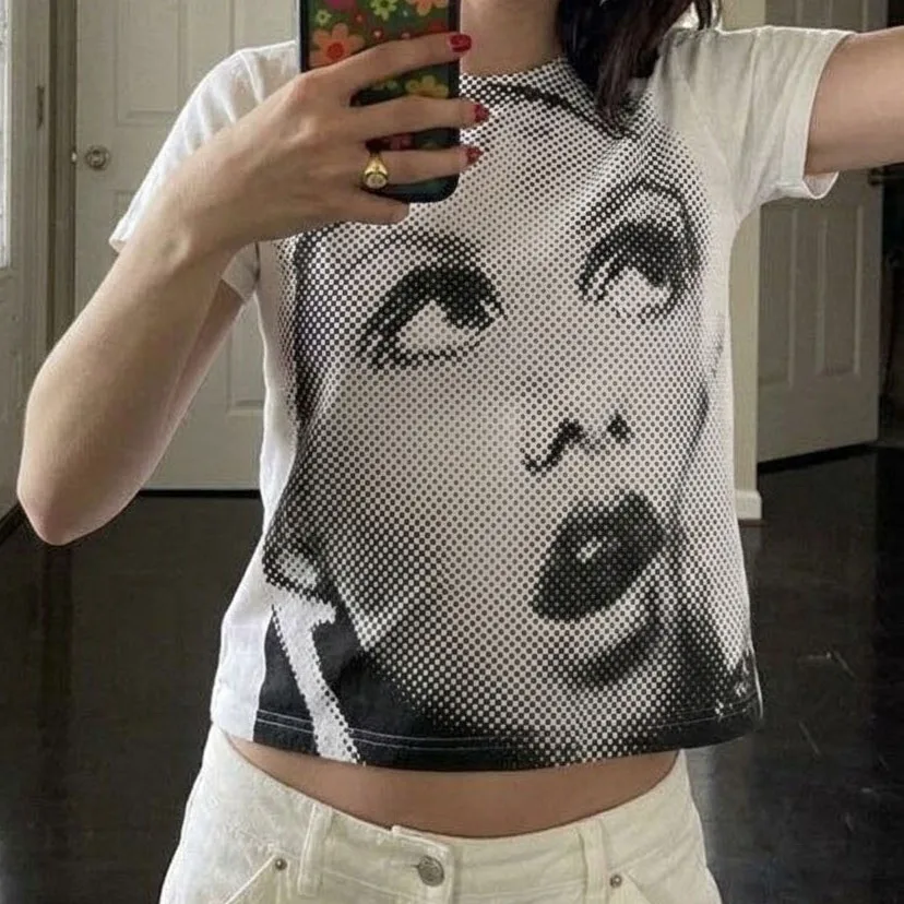Short American Style Retro Portrait Lazy Style T-Shirt Y2K Sweet Cool Short Sleeve Top for Men And Women round Neck Cotton Blend