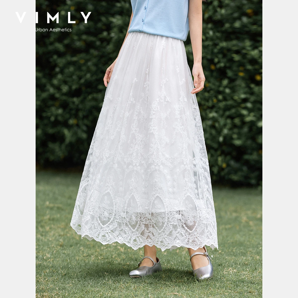 VIMLY Korean Fashion White Lace Skirt Women 2025 Summer Hollowed-out Lace 2025 Elegant Lady High Waist Swing Long Skirt A1392