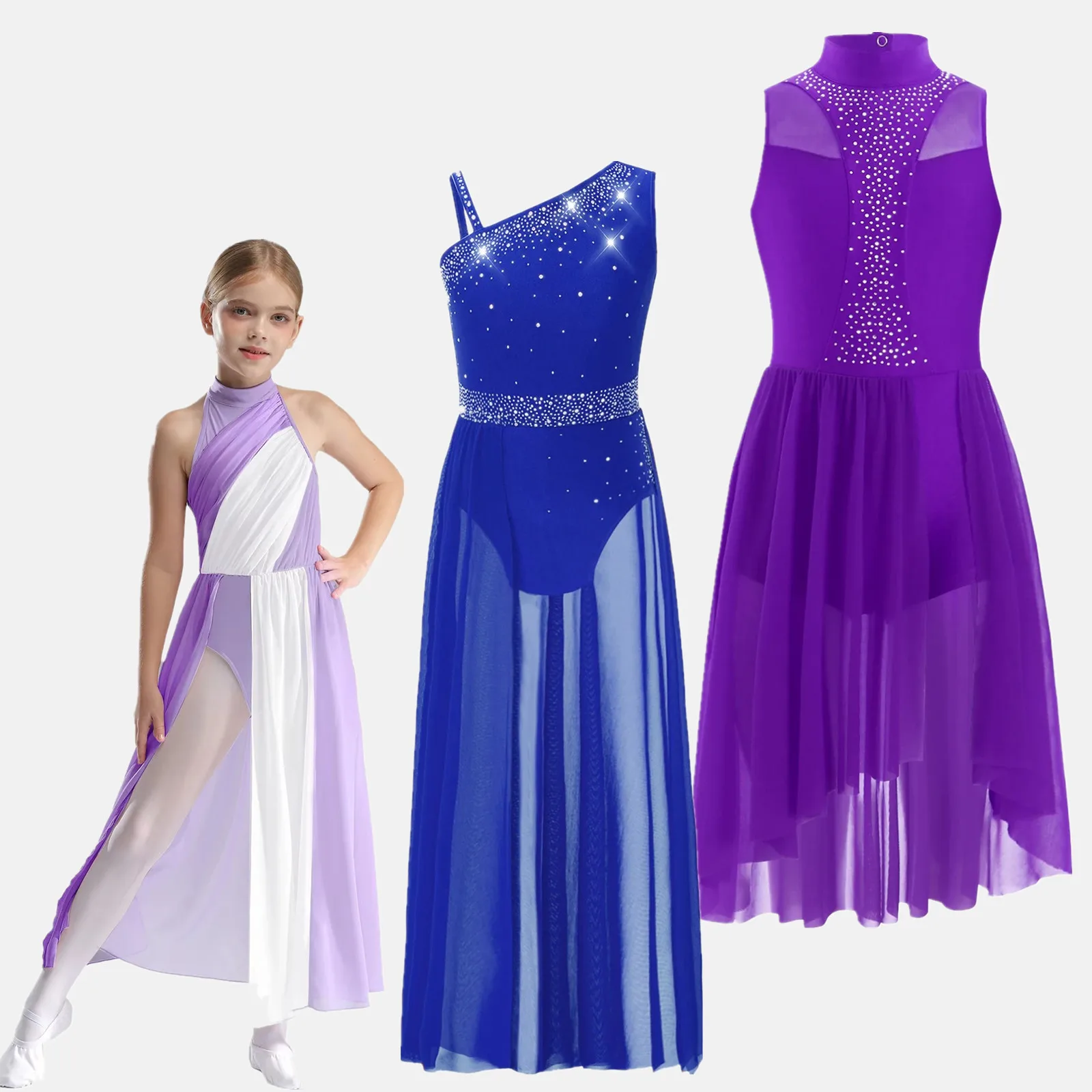 

Kids Girls Ballet Lyrical Modern Contemporary Dance Costume Glittery Rhinestones Sheer Mesh Skirted Leotard Figure Skating Dress