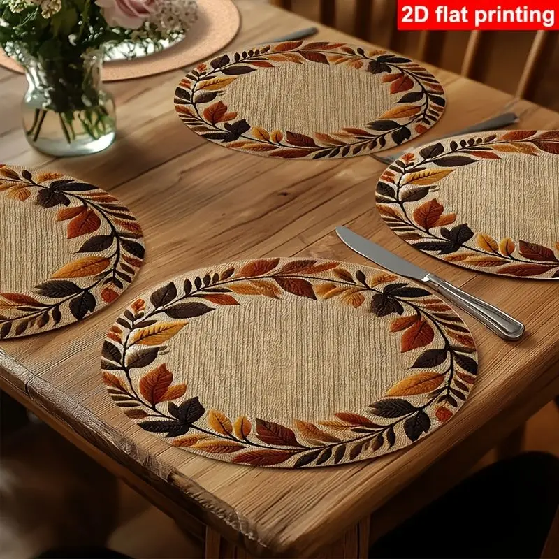 VIKAMA Autumn Leaf Wreath Placemat Beige Background Brown Orange Yellow Fall Foliage Farmhouse Table Mat Dining Decor Heat Soft
