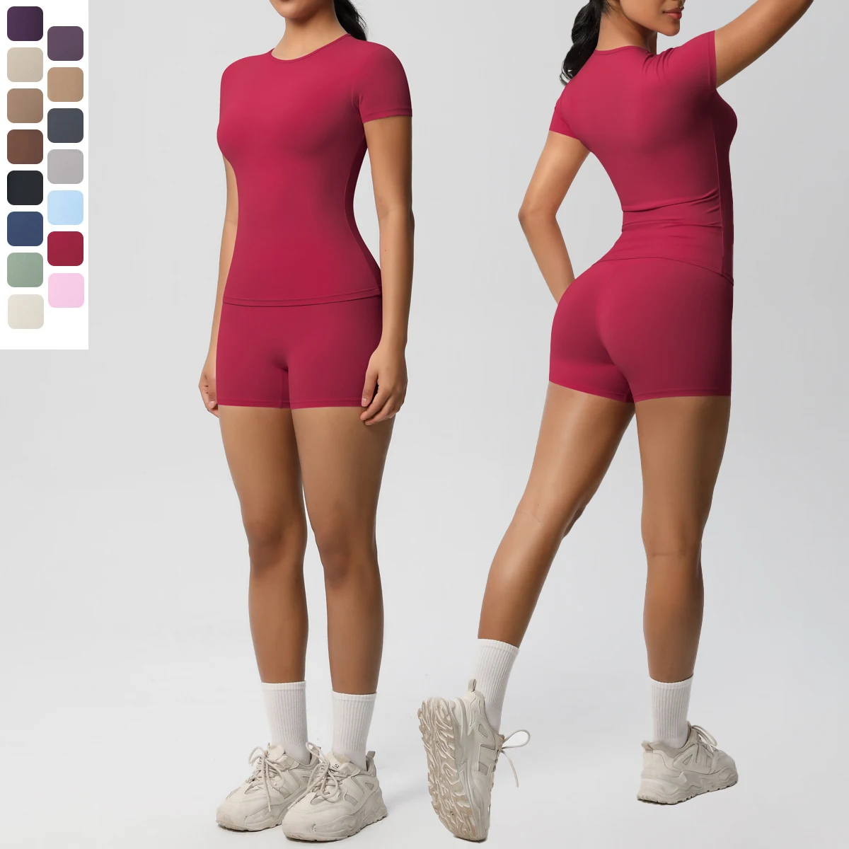 

2PCS Yoga Shorts T-Shirt Set Slim Casual Summer Running Cycling Shorts Women Seamless Quick-Dry Short Sleeve Sports Yoga Set