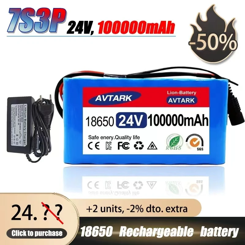 2024 new 24V 50Ah 65Ah 100Ah 7s3p 18650 lithium battery 24V 100000mAh lithium-ion rechargeable battery pack+2A charger