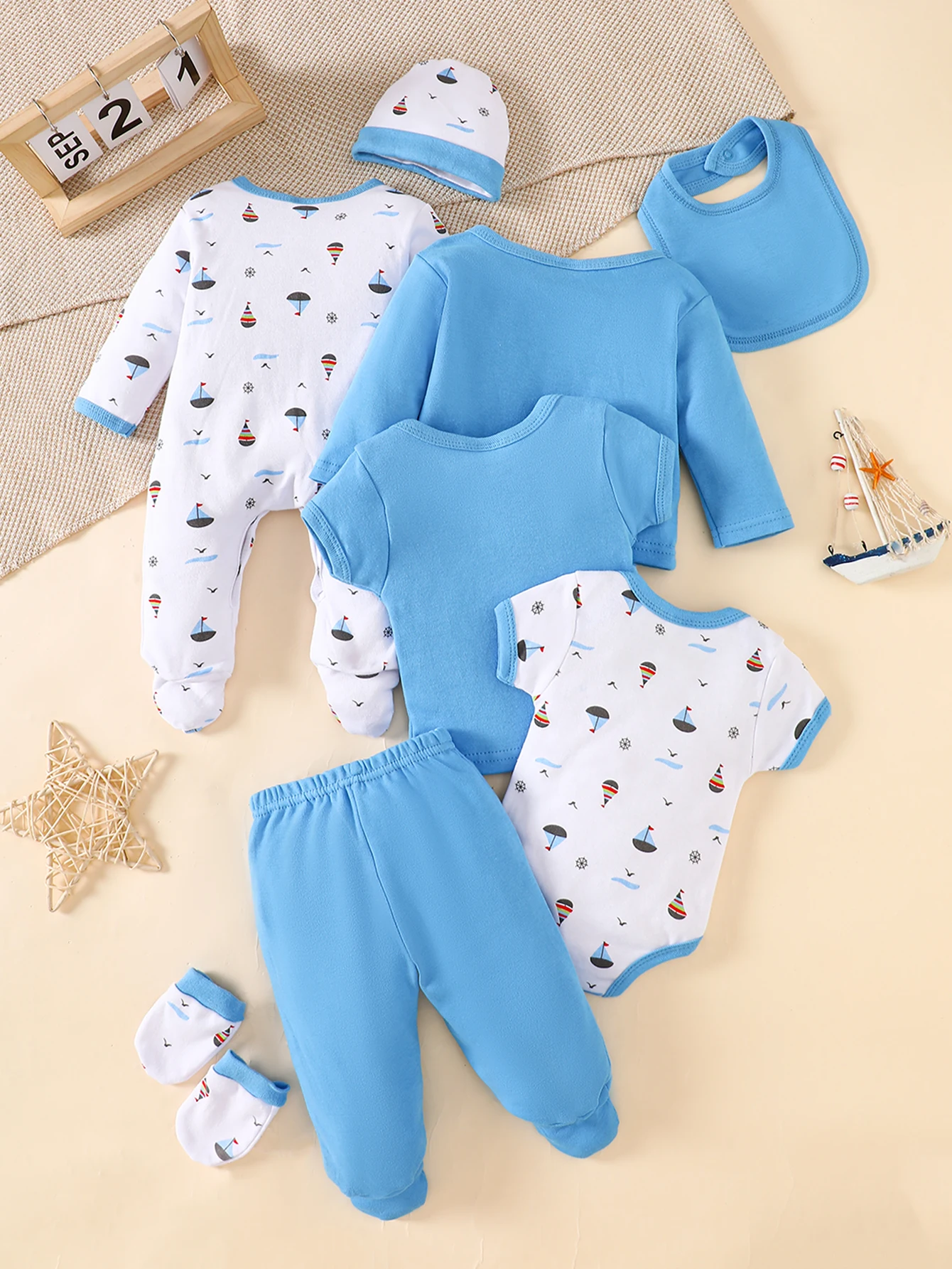 Newborn Baby Boy 8Pcs Clothing Set Sailboat Print Cotton Outfit Infant Bodysuit Footed Romper Pants Hat Bib Gloves Layette Gift
