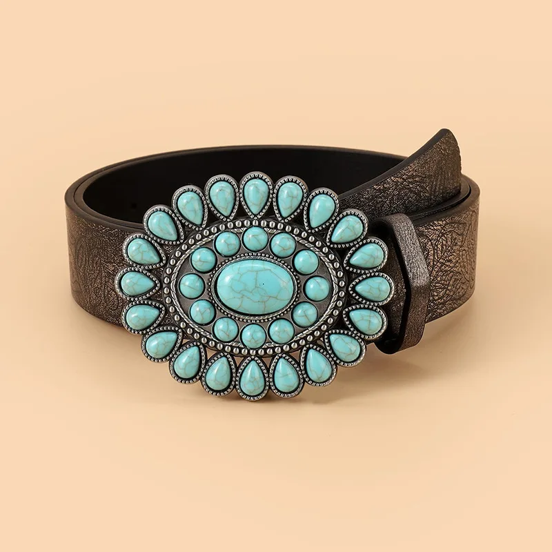 

Slim Fit Minimalist Versatile Retro Turquoise Belt Buckle for Women's Fashion Bohemian Zinc Alloy Metal Women's Belt Head