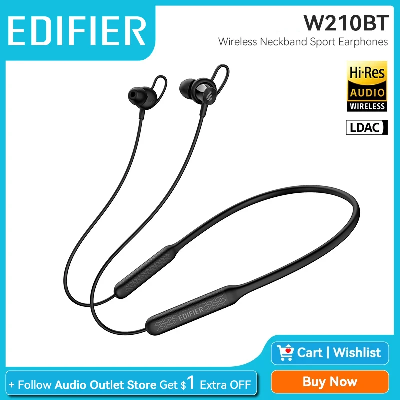 Edifier W210BT Bluetooth Neckband Earphones Hi-Res LDAC Codec Headphone Wireless Magnetic Type Sport Earbuds IP55 Waterproof