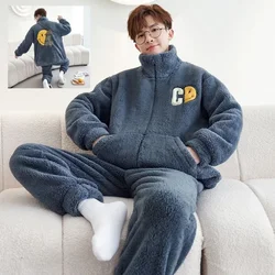 Autumn Winter Homewear Coral Velvet Pajamas Men Sleepwear Suit Plush Thicken Nightgown Student Cute Large Flannel Loungewear Set