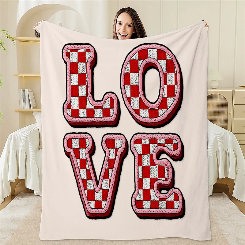 Cozy Oversized LOVE Initial Blanket Red White Checkered Throw for Sofa Couch Bedroom Winter Home Decor Gift 150x230cm