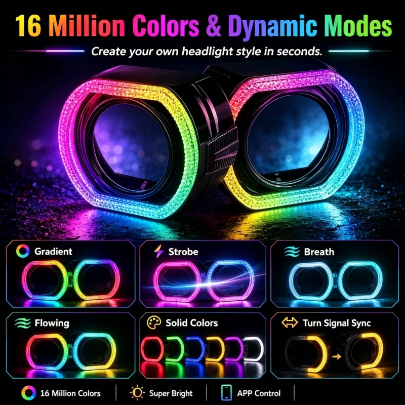 2.5/3 Inch 5D RGB APP Control LED Angel Eyes Halo Rings Rectangular DRL Covers With Turn Signal Light For Car Headlight