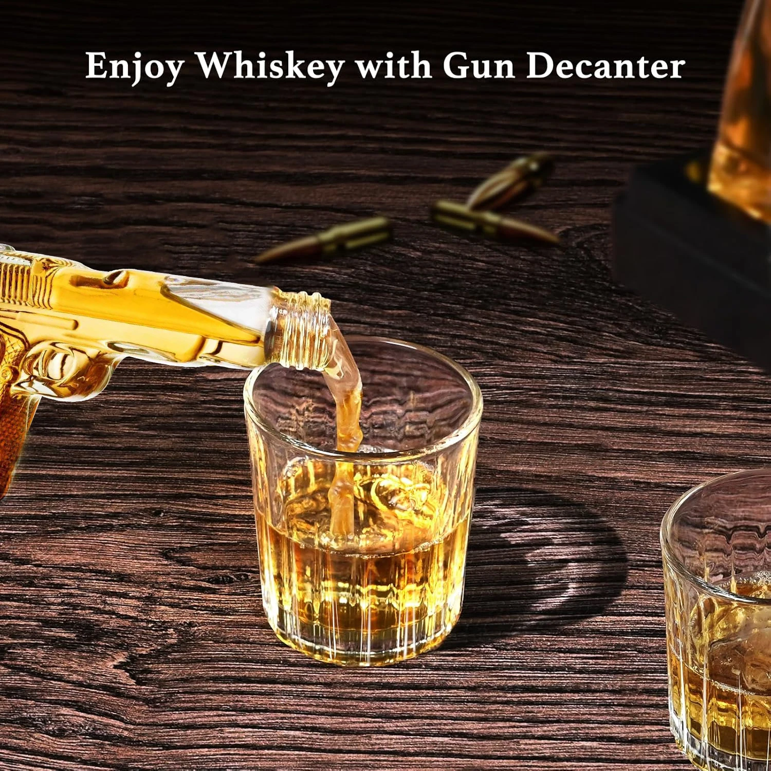 

Whiskey Bottle Set - High Borosilicate Glass Liquor Dispenser with 2 Glasses and Wooden Stand - Durable Gift for Dad, Husband, B