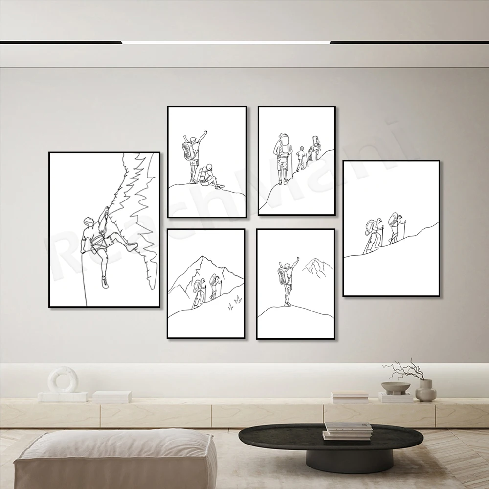 Hiking line art, camping tent, climbing line, mountain art, minimalist abstract line traveler hiking mountaineering poster
