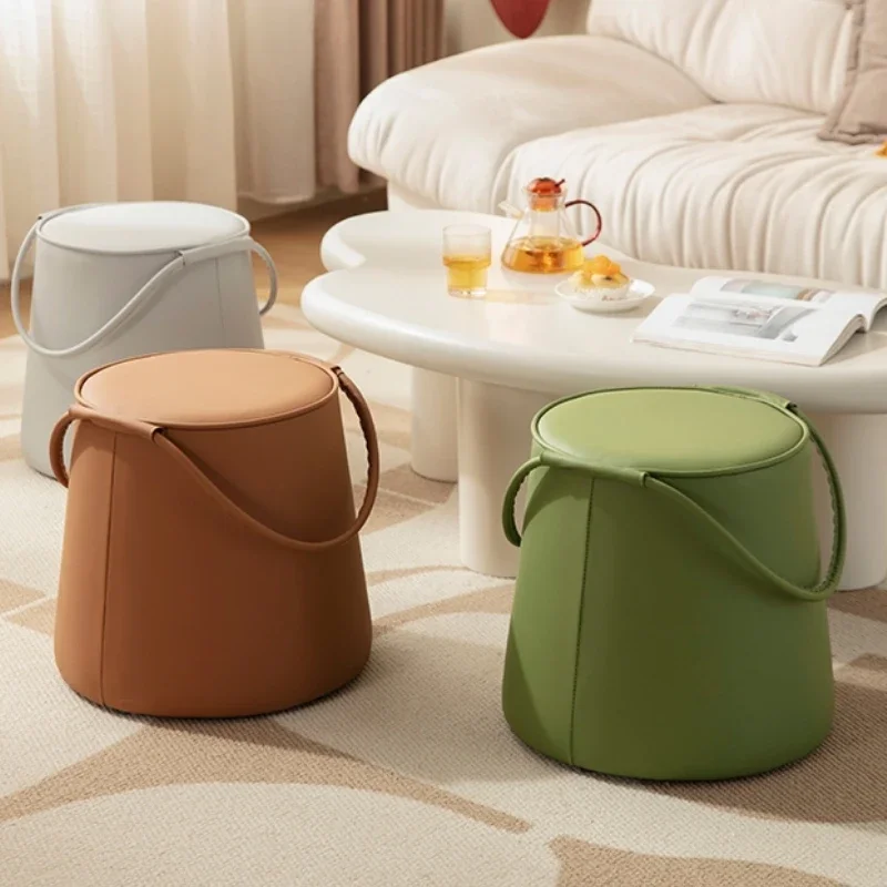 Wooden PVC Leather Makeup Stool  Vanity Seat with Handle Strap  Colorful Soft Footrest High-Elastic Memory Foam Round Stool