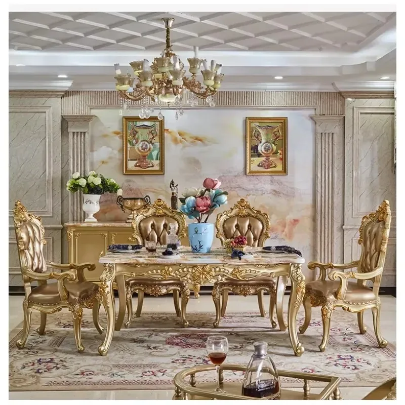 European Style Marble Top Solid Wood Rectangular Dining Table and Chair Set Modern Restaurant Furniture
