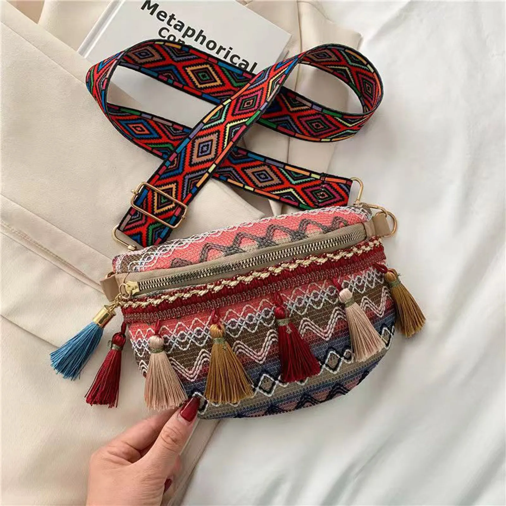 1Pc Female Ethnic Style Waist Bag with Adjustable Strap Variegated Color Fanny Pack with Fringe Decor Crossbody Chest Bag