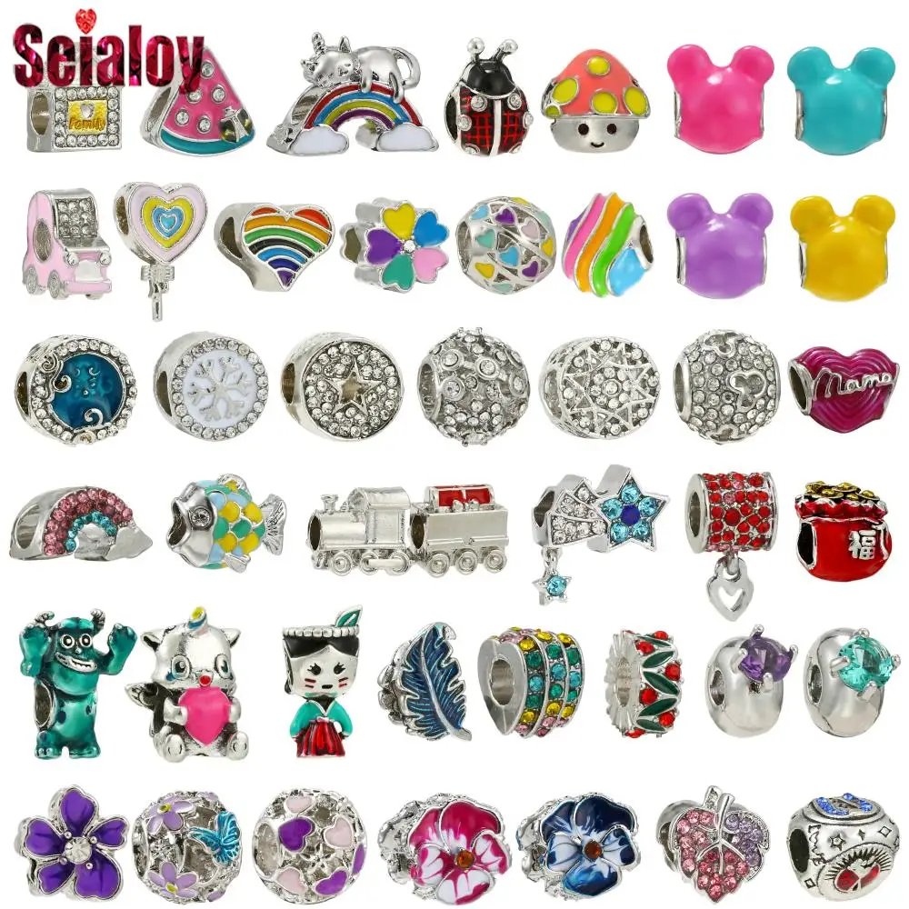 Seialoy 2Pcs Silver Color Alloy Big Hole Beaded Multiple Colors Enamel Heart Charm Fits DIY Charm Bracelets Accessory