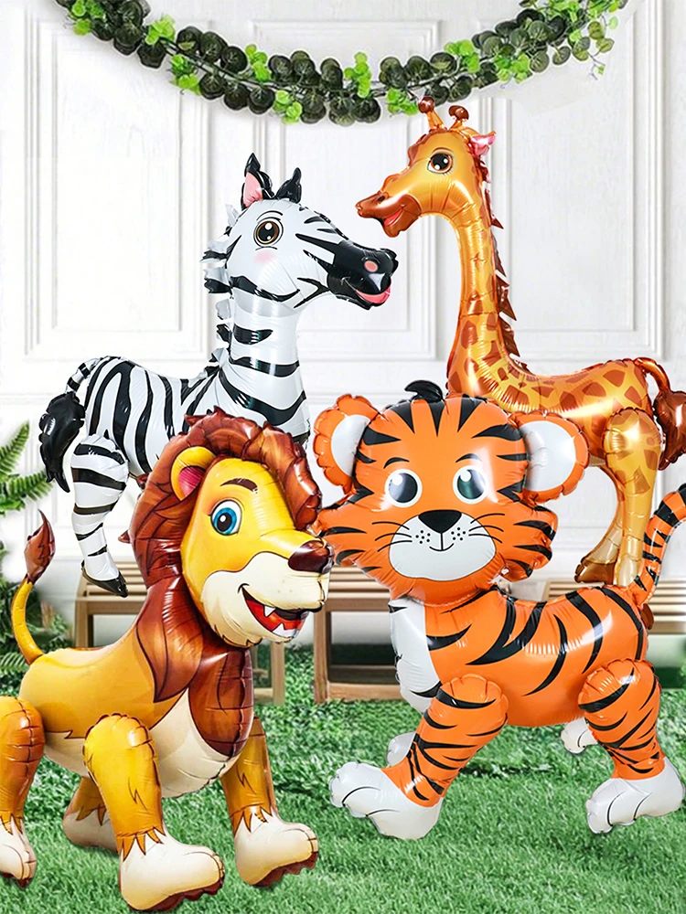 1 قطعة الغابة البرية الحيوان 4D الدائمة الأسد النمر الزرافة زيبرا الألومنيوم فيلم بالون الأطفال الغابات حديقة الحيوان موضوع حفلة عيد ميلاد