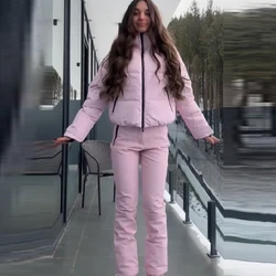 Thicken Warm Women's Skiwear Pink High Collar Hooded Cotton Padded Coats Straight Leg Zipper Pants 2025 New Winter Lady Ski Suit