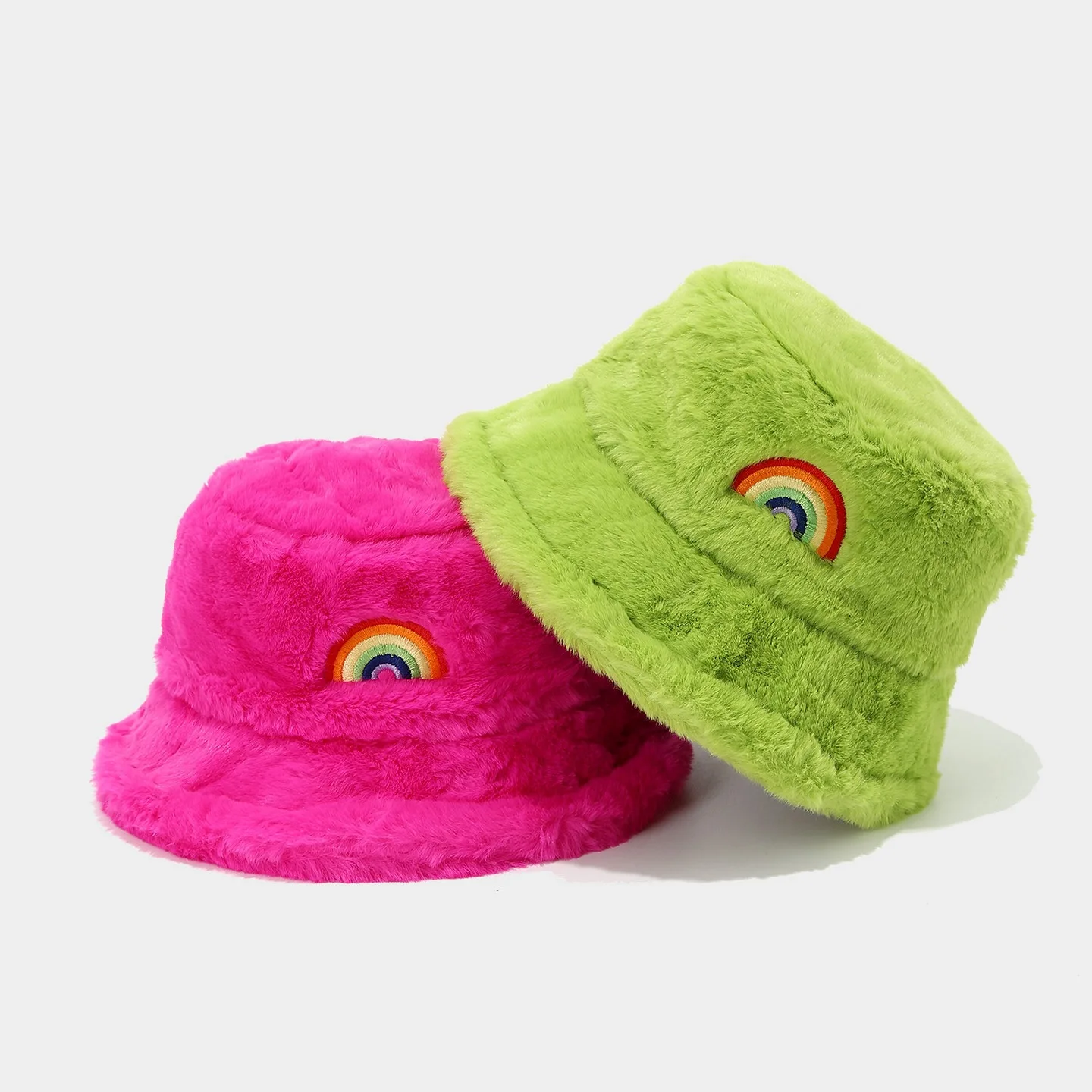 

Bucket Hat Fluffy Women Autumn Winter Rianbow Embroidery Brim Warm Cap Accessory For Young Lady Outdoors