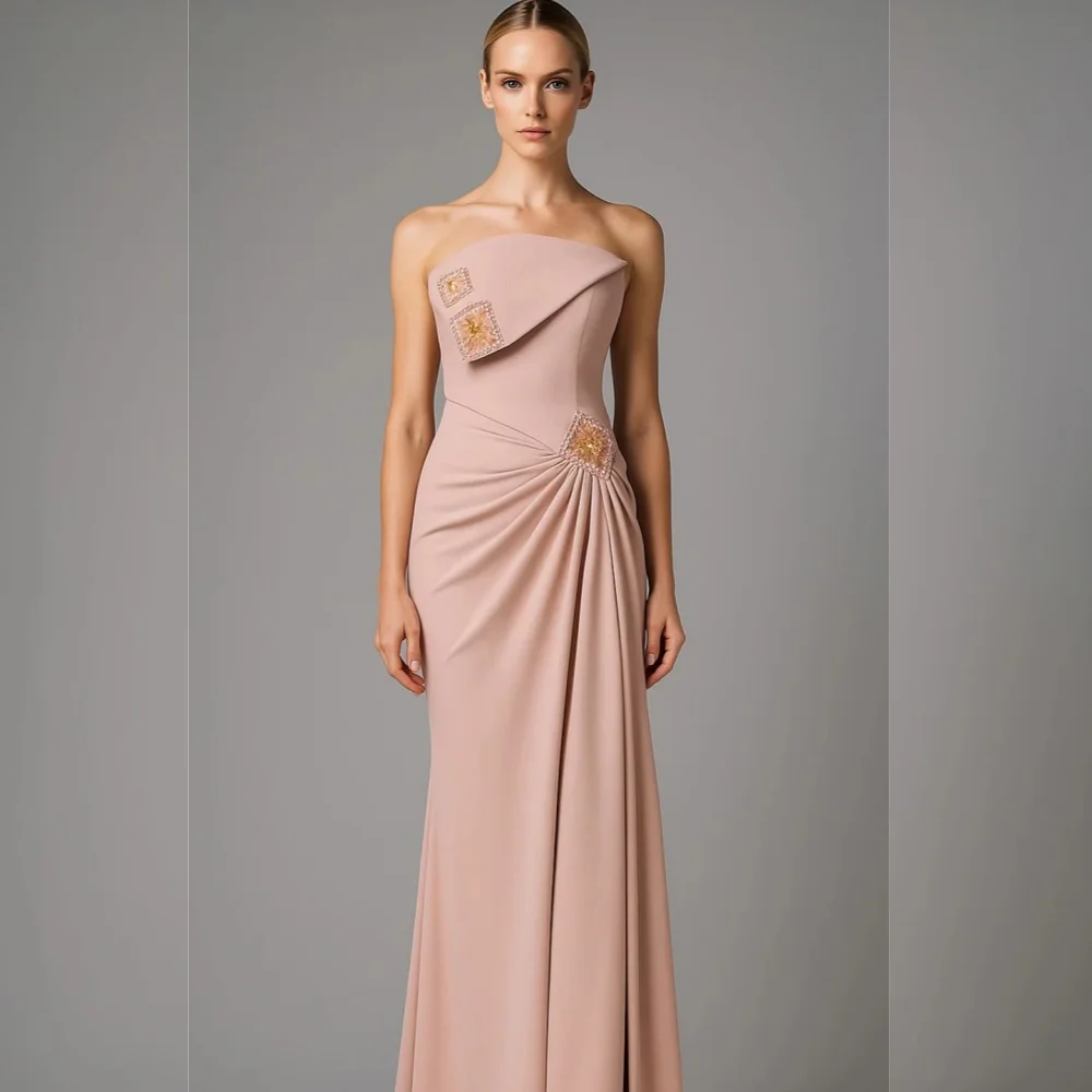 

Customized Matching Jersey Sequined Pleat Trumpet Strapless Long Dresses Bespoke Occasion Prom Elegant Modern Style