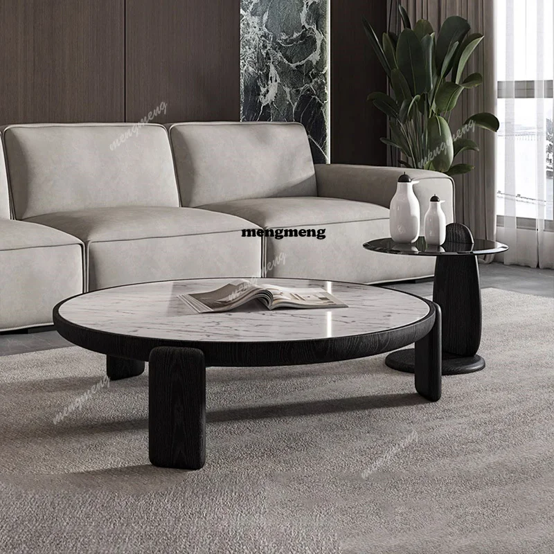 

Modern Round Marble Coffee Tables with Solid Wood Legs Minimalist Living Room Curved Center Table Elegant Glass Sofa Side Table