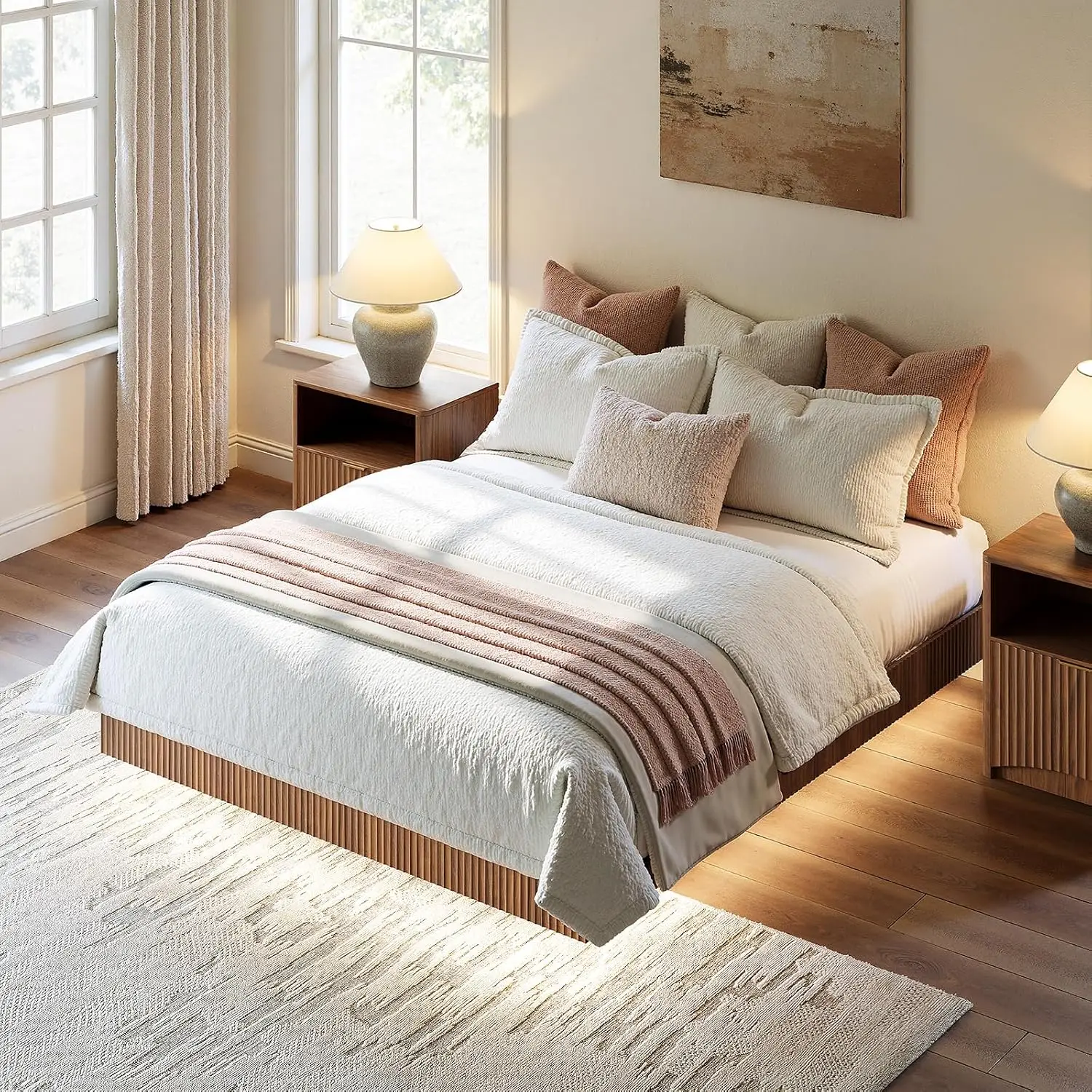 Walnut Queen Floating Bed Frame LED Fluted Platform No Headboard Heavy Duty Metal No Box Spring 10in High, Customized view 5