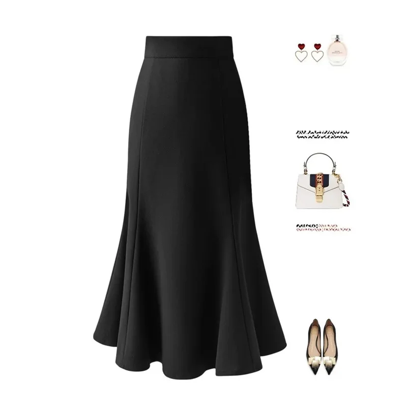 Autumn Female New Solid Color Suit Maxi Skirs French Lady High Waist Fishtail Long Skirt Women Fashion Mid Length A-line Skirts