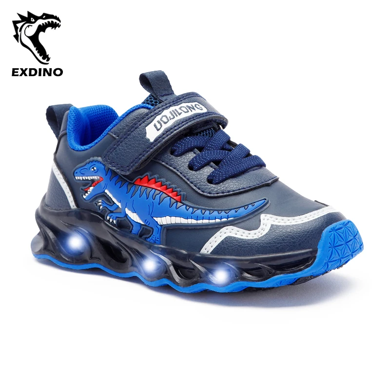 EXDINO New Children's Leather Shoes for Boys Dinosaur Kids LED Light Up Flashing Glowing Outdoor Sneakers 26-31# Giganotosaurus