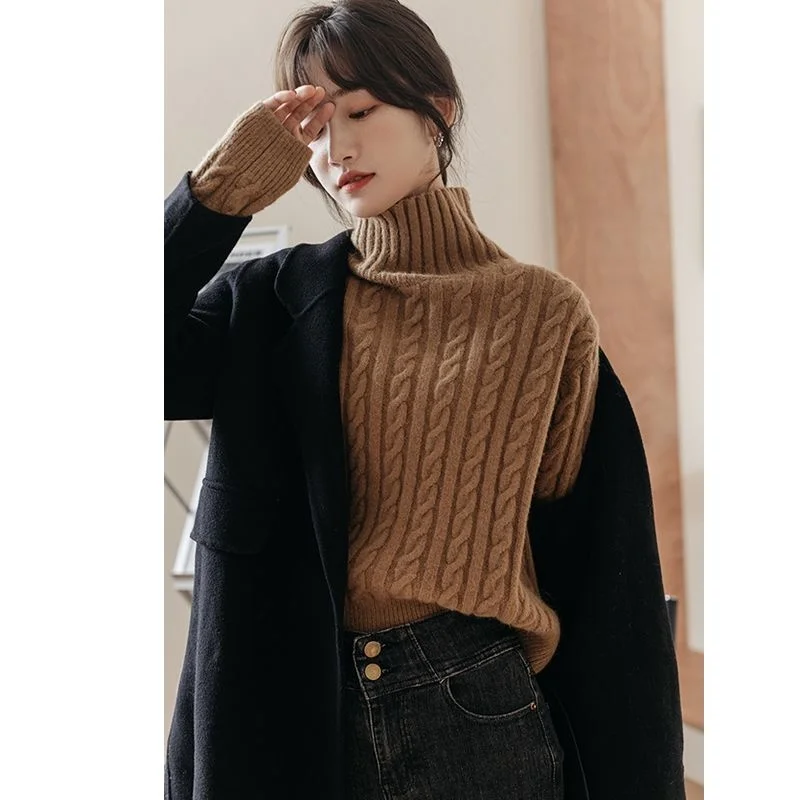 Vintage Vertical Striped Sweater Women Knitted Casual Jumper Korean Fashion Loose Knitwear Pullover Turtleneck Tops T336